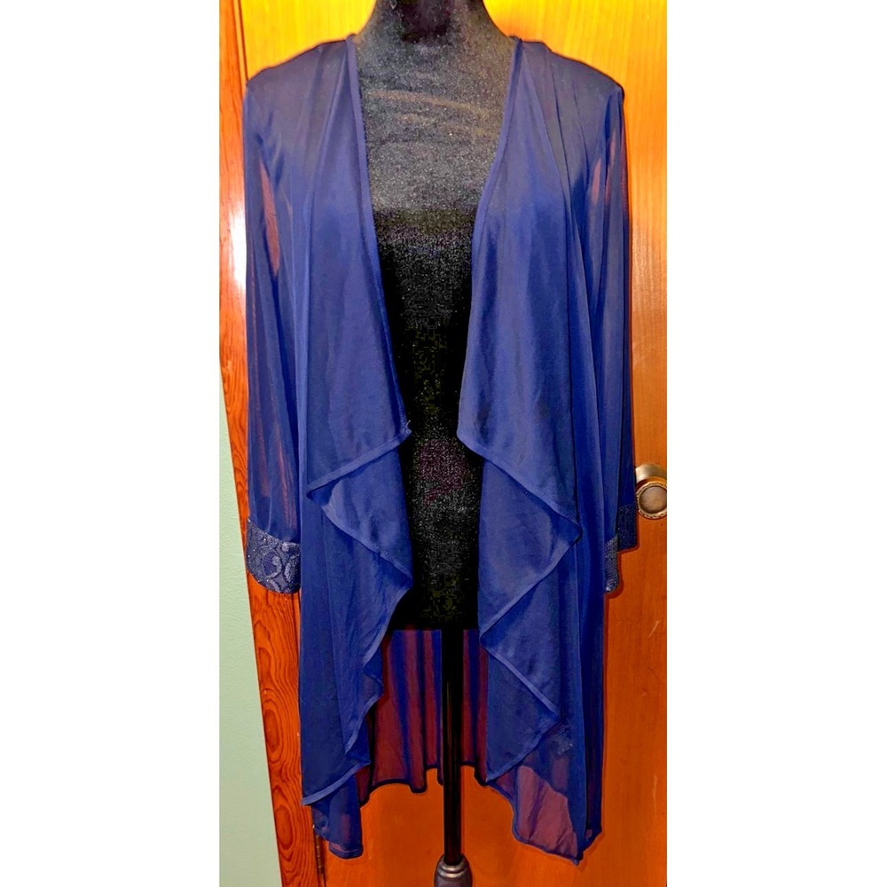 R&M Richards Navy Blue Sheer Draped Open Front Jacket Sequin Lace Cuffs One Size